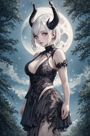 Fairy tale illustrations, otherworldly mythology, perfect sky, moon, shooting stars,
Pagan style graffiti art, general, forest background, one girl, albino demon girl, devil horns, detailed facial features,sexy sideless dress,
, Facial Tribal Pattern, Masterpiece, Top Quality, Very Aesthetic, Super Detailed, Sideless Dress, Sidedress, Watercolor, 2bEimi