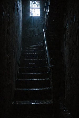 Blurry photo, accidental photofound footage, creepy footage, darkness, stairs, metal stairs, dark spiral staircase, pov,Infrared_photography,dark,
