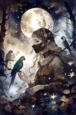fairy tale illustrations,Simple minimum art, 
myths of another world,Perfect sky, moon and shooting stars,moon on face,
pagan style graffiti art, aesthetic, sepia, ancient Russia,(holy bard),
A female shaman,(beautiful parrot face mask),
Gentle rain, warm sunlight filtering through the leaves, ancient forest,
watercolor \(medium\),DonMP4ste11F41ryT4l3XL,nodf_xl