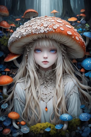 albino mushroom girl, mushroom Head,
stands amidst the tranquility,Adorned with soft, pale-colored petals resembling mushroom caps and delicate mycelium cascading from her hair, she exudes ethereal beauty.,Her eyes silver or pale blue, convey mystery and wonder as she moves gracefully through the enchanted landscape, Surrounded by vibrant colors and playful woodland creatures, she embodies the magic and wonder of nature's hidden treasures.",mushroomz,dal