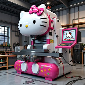 A unique industrial milling machine with a Hello Kitty theme, a standard milling table base in Kitty's distinctive white with pink accents. The main column is shaped like an oversized Hello Kitty doll, with the bow housing the motor. The control panel features Kitty's face, complete with eyes and nose buttons. The spindle head is integrated into Kitty's head, with collets sticking out as whiskers, X, Y and Z axis handles, and a digital readout screen framed by Kitty's iconic hair ribbon. A clear pink acrylic chip guard with a silhouette of Kitty. A coolant nozzle with an image of Kitty holding a watering can. The jaws of the vise are patterned with Kitty's face. The aircraft base features decorative decals of Kitty and her friends. Highly detailed 3D renderings, isometric views, and workshop environments. 4K resolution.