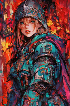 Dramatic anime-style watercolor painting of a female general in battle, Middle-aged woman, piercing, stern gaze, blonde warrior in turquoise scaled armor, silver ornate helmet with spiral patterns and blue jewels, determined expression, fiercely wide blue eyes, holding a banner embroidered with an abstract design of dragons, purple cloak billowing dramatically. Background: Fiery reds and crimsons suggesting fierce battle, creating an ominous atmosphere. Color palette: cool blues and teals for character, warm reds and golds for background. Lighting: dramatic, highlighting the contrast between character and chaotic surroundings. watercolor-style, medieval x, fantasy girl, lyh_niji