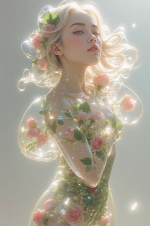 An ethereal female figure,Northern European women's features, the body is made of a translucent gel-like substance with a subtle iridescent sheen. The body appears crystalline and delicate, with soft, diffused edges catching the light. Multiple blooming roses float within the transparent body creating an interior garden,Rose petals and stems in various shades of crimson and emerald green float within the transparent gel body. The inner roses appear softly glowing, giving the transparent body a warm, organic contrast. Subtle refractions and distortions are visible through the structure of the gel body. The hair flows like liquid crystal, with occasional rose petals visible within it. The facial features are softly defined with a gentle translucent gradient. The graceful, flowing pose suggests weightlessness. Light passing through the body creates prismatic effects and subtle shadows,Nicoletta Ceccoli X Daria Petrilli art,1girl