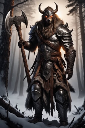 Werewolf warrior in Viking attire, massive greatsword resting on shoulder, fur-trimmed leather armor, Norse runes on axe, standing amidst ancient pine forest, misty atmosphere, moonlight filtering through branches, glowing amber eyes, wolf-like features, battle-scarred, muscular physique, braided beard, iron helmet with horns, snow-covered ground, distant howling, photorealistic style, dramatic lighting,LegendDarkFantasy,kawaii knight,cyborg,battle_axe