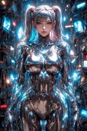 A sleek female cyborg with a mirror-polished chrome body, reflecting its surroundings. Feminine curves accentuate its robotic form. Vibrant, multicolored cables extend from its head like hair, flowing in various directions. Intricate, glowing blue-white tattoos cover the cyborg's metallic skin,tattoos body,creating complex patterns and circuitry designs. The tattoos pulse with a soft, ethereal light. The cyborg stands in a futuristic laboratory setting, surrounded by holographic displays and advanced technology. Its eyes emit a gentle, intelligent glow. Hyperrealistic details, 8K resolution, ray tracing, cinematic lighting.,\mechako\,cyborg_master, QTGIRLREAL,REALNIME