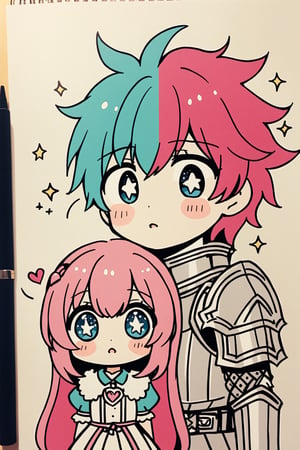 drawing on colored paper Doodles art,(line art), shoujo manga style, girls with big eyes, starry eyes, shaggy hair,boy meets girl,kawaii knight,cute knight