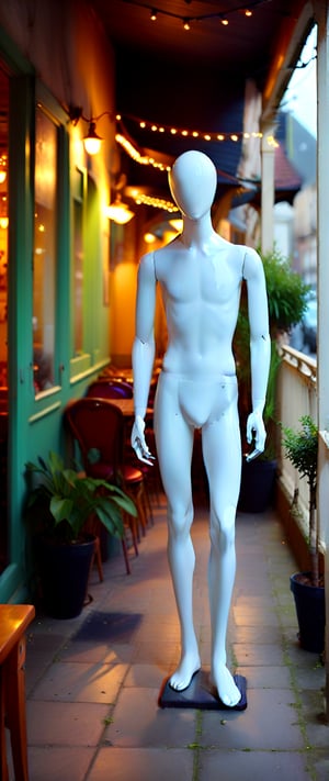 A creepy Male mannequin, with abnormally long arms and legs, standing in the corner of a café terrace. The mannequin's elongated limbs create an unsettling, distorted appearance, its lifeless eyes staring blankly ahead. The café terrace is softly lit, with tables and chairs arranged casually, some occupied by patrons enjoying their drinks. The background includes strings of fairy lights and potted plants, creating a cozy and inviting atmosphere that starkly contrasts with the eerie presence of the mannequin. Shadows cast by the terrace lighting enhance the mannequin's unsettling aura, making it stand out in the otherwise pleasant setting.",Mannequin