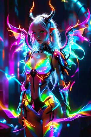 Extreme detailed,ultra Quality,1girl,perfect Body,
Hologram body girl,hybrid albino demon little queen, (long intricate horns),mini wings,Wearing hologram doctor suit,outline only,glowing wireframe, rainbow hologram,random color,transparent body, void body, only outline neon tube,rainbow colors, CyberPunk style,aesthetic grid, silhouette ,neon style,3D Mesh,neon,LegendDarkFantasy,alien,Strong Backlit Particles,outline,APEX colourful ,ichika,ruanyi0735,bodysuit