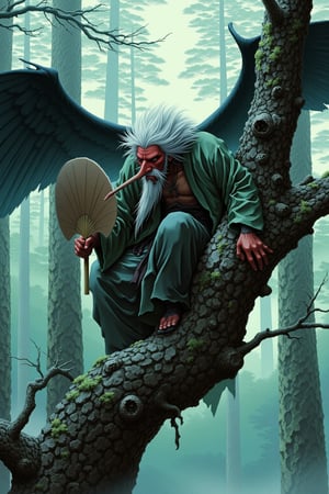 Tengu,traditional japanese yokai
,yokai in misty mountain forest, long-nosed mask, fierce red face,stick like long nose, white hair and beard, wearing traditional yamabushi attire, large black wings, holding big fan, perched on ancient gnarled tree, surrounded by towering cedar trees,