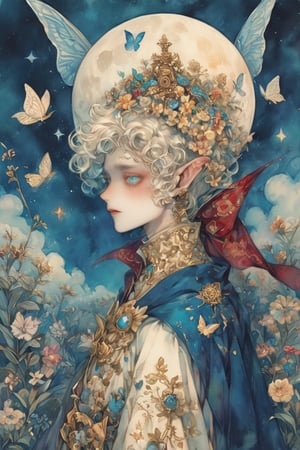 fairy tale illustrations,Simple minimum art, 
myths of another world,Perfect sky, moon and shooting stars,moon on face,
pagan style graffiti art, aesthetic, sepia,
Beautiful boy,A young prince from a fairytale, with golden curls and bright blue eyes. He wears a white and gold ornate uniform with a red cape. A delicate crown rests on his head. The prince stands in a sunlit castle garden, surrounded by blooming flowers and butterflies. His expression is kind and curious."
watercolor \(medium\),jewel pet,acidzlime,emo,XUER poster art