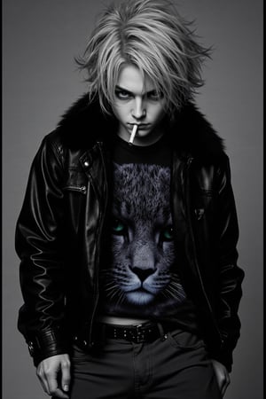 portrait of a visual-kei rock musician, 1man, shaggy medium-length hair, dyed blonde, messy windswept style. Intense gaze, eyes half-closed, smoking a cigarette. Wearing black leather jacket with fur collar, unzipped. T-shirt underneath features large close-up of Russian Blue cat face, gray fur, green eyes prominent. Studded belt visible. Baggy cargo pants. Grungy, rebellious pose against plain gray backdrop. High contrast black and white photography, reminiscent of fashion editorial. Moody, atmospheric lighting emphasizes facial features and textures. Subject exudes cool, defiant attitude of rock star. Composition is vertical, full body shot, slightly angled. Sharp focus on face and upper body, subtle film grain texture overall.,dal,Potrait,lyh,lucien drayke