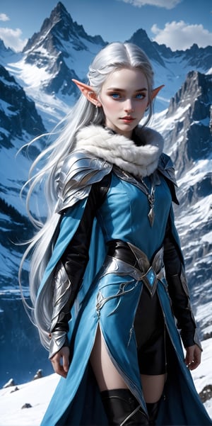 Extreme detailed,ultra Realistic,
beautiful young ELF lady,platinum silver shining hair, long elvish braid, side braid,Beautiful crystal blue eyes,
Wearing leather tunic, hooded cloak, animal fur hood, intricate clothing, animal fur clothing, dark clothing, waistband, scarf, soft smile, bending posture, looking into the distance, 
snowy mountain scenery, overlooking valley, river, white clouds, seen from behind,ol1v1adunne,DonM3lv3sXL,niji6
