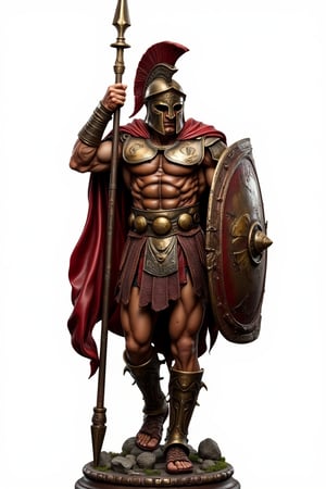 A meticulously crafted, high-end custom figure of a powerful Spartan soldier, in mid-battle pose, The figurine showcases stunning detail in the muscle definition, with every sinew and vein meticulously sculpted,(The soldier is clad in authentic Spartan armor), with a gleaming bronze chest plate, intricately carved greaves, and a flowing crimson cape. The helmet features a menacing crest, and the weathered shield bears the iconic Spartan Lambda symbol. The soldier holds a long, ornate spear in one hand and a battered, scarred sword in the other. Every aspect of the armor, from scratches to battle damage, is rendered in painstaking detail, making this Spartan soldier appear as if frozen in a dynamic, action-packed moment of history.,resin,White background