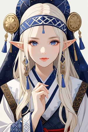  a beautiful Albino elf girl,elf ear, wearing traditional Ainu attire, adorned with intricate embroidery and patterns symbolizing Ainu culture, Her garments include a dress and apron,Completing her look is a unique headpiece that enhances her beauty,With pride in Ainu culture,Misery Stentrem,Nina Aslato