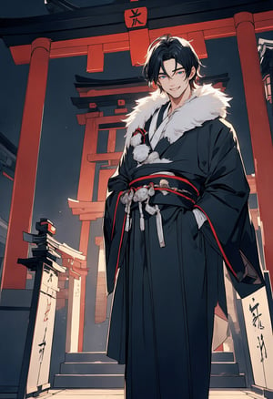 best quality, masterpiece, beautiful and aesthetic art,happy smile,
1boys,solo,Beautiful face,Beautiful blue eyes,black hair,
male kimono,with Luxury fur,
stands in front of a Shinto shrine gate,Cinematic Lighting,