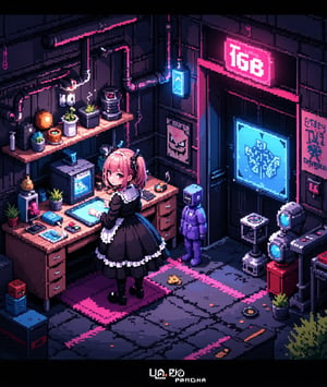 3D pixel art scene, isometric view. Anime-style characters and objects composed of colorful voxels. High contrast lighting with neon accents.

Focal point: Gothic Lolita girl working in a cyberpunk workshop.
- Girl: Black and white frilly dress, platform boots, twin-tails hairstyle
- Face: Large pixel eyes, rosy cheeks, small mouth
- Accessories: Pixel bow, chunky jewelry

Cyberpunk workshop details:
- Cluttered workbench with pixelated tools and gadgets
- Holographic screens displaying scrolling code
- 3D printer creating a glowing object
- Exposed neon tubes and cables on walls
- Floating robot assistant with pixelated emotes

Environmental elements:
- Steampunk-inspired gears and pipes in background
- Retro-futuristic computer terminals
- Voxel smoke or steam rising from machinery

Color palette: Deep purples, electric blues, neon pinks, and cyber greens against darker background

Lighting: Dramatic shadows and highlights emphasizing 3D nature of pixels
- Glow effects from screens and neon signs
- Reflection on metallic surfaces

Additional details:
- Pixelated posters of anime characters on walls
- Voxel cat familiar perched on a shelf
- Cubic plants in geometric planters

Animation suggestion (if applicable): Subtle pixel movements like blinking lights, rotating gears, or floating particles,Pixel Art