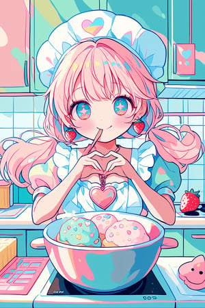 1girl ,vtuber anime character design,love＋peace＋ice cream,
adorably kawaii girl cooking in a pastel pink kitchen. She wears a puffy-sleeved dress with a heart-patterned, frilly gingham apron in baby blue and white. Her rosy cheeks dimple as she smiles sweetly, eyes sparkling like stars. Fluffy pigtails tied with oversized polka-dot bows bounce as she stirs a bowl. Colorful, star-shaped sprinkles float magically around her. She wears strawberry-shaped earrings and a cupcake necklace. The kitchen is decorated with smiling anthropomorphic utensils and appliances. A happy sun peeks through heart-shaped windows. Pastel rainbow-colored cupcakes cool on the counter. Tiny, kawaii animals in chef hats assist her,

LOVE+PIECE+ICECREAM! The fancy I'm looking for all over the world Holding a sweet,
 melting miracle in your hands LOVE...CHOP!! ,
L・O・V・E・&・P・E・A・C・E・& Our HOT and COOL DIVA！,
HEY! You KNOW! Ice cream! How great! Mellow and Glow LIKE A Fever！
 Kissable and solid flavor！,
 fighting is NO-GOOD!
 Topping strawberry with love Boring! 
The important thing is These are the three things I'm going to tell you!,………LOVE+PIECE+ICECREAM！
,anime style,anime girl,future0615