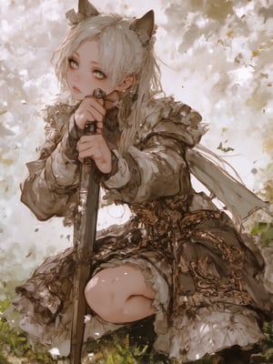 a beautiful young woman in a crouching pose, wearing an elegant brown and cream lolita dress with intricate frills and lace details. Her pure white hair falls gracefully around her delicate face. She holds a long sword planted firmly into the ground, both hands resting on its pommel. The dress features multiple layers with white ruffled underskirts, detailed trimming, and a cat-eared hood adorned with pearls. The sleeves are puffy with white fabric and detailed cuffs. She is positioned in a natural setting with soft sunlight filtering through foliage, creating a dreamy atmosphere. Her pose suggests both grace and strength, while her expression remains serene yet determined. The sword appears ceremonial yet battle-ready with detailed metalwork. Best quality, natural lighting, soft bokeh background, detailed fabric textures, photographic style, clear focus on the subject,fantasy girl