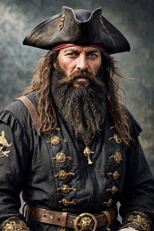 ultra-realistic,Pirate Blackbeard, elder pirate captain,(much wrinkled face), hard-boiled,Black-rimmed eyeliner,((very very long black beard)),Dirty coat, Luxury feathered tricornered hat,(thin body), single-minded in respect and fear, dressed in dark shades of Renaissance-style aristocratic clothing, dirty cuffs, gun belt, knee-length boots, wearing intricately crafted ornaments and decorated with numerous gold ornaments,Handsome male,with a beard,pirate,Leonardo,Movie Still