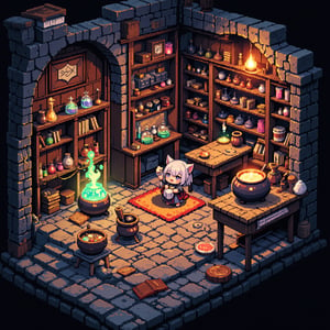 Isometric pixel art ,fantastical alchemist shop, 16-bit style, female anthropomorphic dog shopkeeper, magical potions and ingredients, steaming cauldrons, ancient spell books, crystal balls, glowing runes, floating herbs, colorful liquids in glass vials, wooden shelves filled with curiosities, enchanted artifacts, medieval fantasy setting, warm candlelight, cobblestone floor, cluttered workbench, magical symbols etched on walls, bubbling experiments, mystical smoke effects, cute pixelated characters, vibrant color palette, retro game aesthetic, detailed micro scenes, alchemy apparatus, mortar and pestle, star charts, dragon eggs, fairy dust jars, magical wands, quirky fantasy elements, cozy shop interior, charming pixel details, depth through dither shading, isometric perspective grid, clean pixel edges, no anti-aliasing,Pixel Art,Color