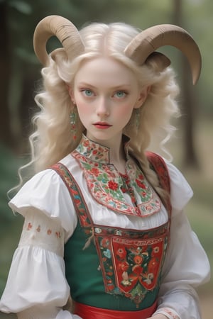 cowboy shot, albino devil girl,
 (complex long horns: 1.2), in traditional Italian and Sardinian costume, endlessly beautiful emerald eyes, her ethereal presence accentuated by the transparency of her pale skin, her striking emerald eyes radiating an otherworldly glow,
Break
Wrapped in the vibrant colors and intricate designs of her artistically embroidered blouse, colorful skirt, apron, and Sardinian folk costume in red and white tones, she exudes an enchanting allure that transcends the realms of fantasy and reality,photo_b00ster,aesthetic,kökörcsin