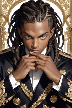 Extreme detailed,Realistic,solo,aesthetic art,
official art, extremely detailed, Extreme Realistic, african beautiful teen boy,beautifully detailed eyes, detailed fine nose,((long hair)),
long braid hair, detailed fingers,muscle body, wearing extremely detailed luxury male Prince Albert coat, high quality, beautiful high Detailed white short hair,boy,emo,Perfect Hands