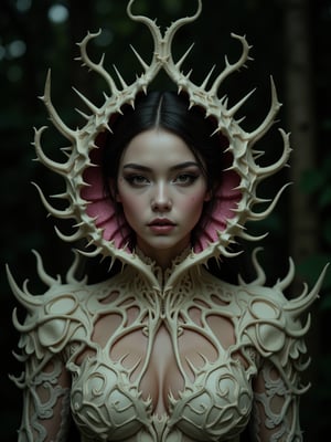 Ethereal portrait of a dark-haired woman wearing a biomechanical haute couture dress inspired by a Venus flytrap. Dress features intricate ivory and pink organic structures with sharp thorny spines along edges. Dramatic high-neck collar shaped like carnivorous plant mouth with detailed venation patterns and serrated edges, framing face in deep rose pink interior. Victorian-style bodice with bony root-like textures, intricate lace patterns resembling fungal growth and plant tendrils. Multiple curved stems with threatening spikes emerge from shoulders. Dark atmospheric forest background with selective focus. Makeup style: pale porcelain skin, dark lips, dramatic eye makeup. Photography style: moody editorial fashion, dark fantasy aesthetic, professional studio lighting emphasizing texture and shadow detail. Color palette: pale ivory, dusty pink, deep forest green. 8k resolution, high-end fashion photography.,1girl