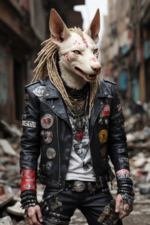 ultra realistic photo,albino representation of Anubis, the ancient Egyptian god, donned in a vibrant and edgy punk rock fashion ensemble, complete with Ratty dreads, More patchs, Crust core, anti union flag design, dirty torn studded leather jacket, hardcore Punk Style jacket, lot Punk badge, dirty black leather pants, dirty long torn leather bootsstuds, and unconventional accessories, rebellious punk aesthetic, ,photo r3al