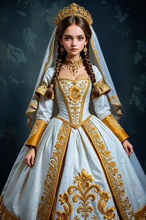 beautiful slavic woman,Visualize an exquisite Valencian ethnic costume inspired by the 18th century Europe,The gown features a lavish display of gold embroidery, intricately weaving floral motifs and delicate patterns across the fabric. The luxurious dress, reminiscent of noblewomen's bridal attire, emanates opulence with its finely crafted details, ,mad-marbled-paper,lis4,cutegirlmix,Anime Style