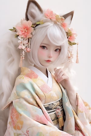 beauty albino fox girl,fox ear, adorned in a stunning fusion of Rococo and traditional Japanese fashion,Her kimono is intricately designed with elaborate Rococo patterns, featuring pastel hues and delicate floral motifs. The silhouette of the kimono is accentuated with layers of voluminous fabric, creating a regal and graceful appearance. Completing her ensemble, she wears accessories such as a decorative obi belt and elegant hair ornaments, all adorned with intricate Rococo details,ichika