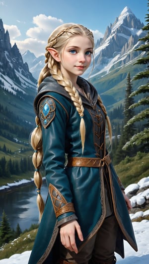 Extreme detailed,ultra Realistic,
beautiful young ELF lady shining blonde hair, long elvish braid, side braid, blue-grey eyes,elf ears,
Wearing leather tunic, hooded cloak, animal fur hood, intricate clothing, animal fur clothing, dark clothing, waistband, scarf, soft smile, bending posture, looking into the distance, 
snowy mountain scenery, overlooking valley, river, white clouds, seen from behind,ol1v1adunne