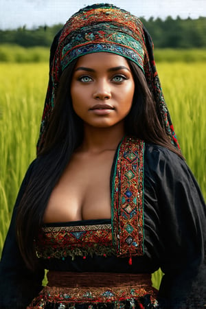 Super detailed, super realistic,beautiful african girl,Curvy body,
She wears old folk costume, long straight black hair,
colorful maria-veil on head,Yakuts folk costume of Siberian minority, beautiful crystal blue eyes, almond eyes, Slouching position, cleavage,intricate textile decorated with colorful and intricate geometric patterns,  decorative embroidery, clothes in earth colors such as black, red and green,beautiful reed meadow landscape,
,Portrait,Realistic women 