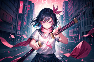 Highly detailed, High Quality, Masterpiece, beautiful girl, solo,cowboy shot,
short black hair,flat chest,pink strong glow eyes,
Eyes full of anger and determination,
school uniform,black and White sailor suit,(very long pink scarf),White shirt,black skirt,black knee socks,holding Katana,
Brake,
(Around the girl origami floats in a mysterious light.colorful lightning,)
In cyberpunk style tokyo street, studio TRIGGER style,
,High detailed ,IncrsUnsheathingAKatanaMeme