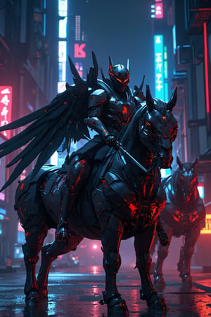 Cyberpunk-style knight on a cyborg horse, digital art. Sleek black cyber-suit with glowing neon blue accents. Imposing black helmet with tinted visor, displaying holographic HUD. Mechanical wings on the back, folded, made of black carbon fiber with exposed circuitry. The cyborg horse is a fusion of organic and mechanical parts, with visible hydraulics and armor plating. Neon lights trace the horse's muscular structure. The knight wields an energy lance, crackling with electricity. Urban night backdrop with towering skyscrapers and flying vehicles. Rain-slicked streets reflect neon signs. Atmosphere is gritty and high-tech. Hyperdetailed textures on the armor and horse's cybernetic parts. Color palette dominated by blacks, silvers, and electric blues. Dynamic pose, suggesting movement and power. Lighting emphasizes the contrast between shadow and neon glow.,Angelic Knight,F-GVA Armour Suit