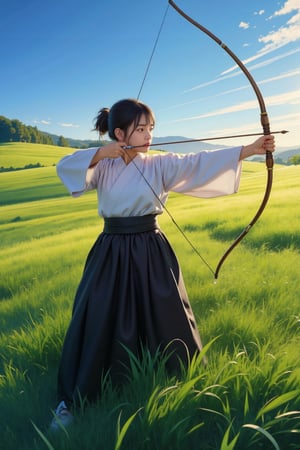 anime style,
Young Japanese woman, practicing kyudo (traditional Japanese archery) in a vast open grassland. Full-body shot of the archer in proper form, drawing a long bamboo bow. Wearing traditional kyudo attire: white kimono top (keikogi) and black hakama skirt. Hair neatly tied back in a ponytail. Focused expression, eyes fixed on an unseen target.

Arms fully extended, one pulling the bowstring, the other holding the bow steady. Arrow nocked and ready to release. Perfect T-shape posture demonstrating proper technique. Feet firmly planted shoulder-width apart.
Background: Serene, rolling green meadow stretching to the horizon. Tall grass swaying gently in the breeze. Clear blue sky with a few wispy clouds. Warm, natural lighting suggesting early morning or late afternoon.,1girl