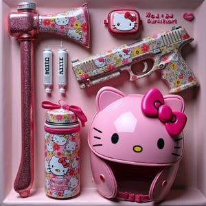 The "Zombie Survival Kit" is filled with adorable Hello Kitty-designed items. The kit includes a bright pink sparkly axe with Hello Kitty's face on the handle, a cute and compact backpack covered in her iconic bow, a small decorated first aid kit, Hello Kitty-printed bandages and syringes, a sleek water bottle with Hello Kitty's face etched on it, and a pistol colorfully decorated with flowers and Kitty's face. Completing the kit is a stylish bubblegum pink helmet with Hello Kitty's ears sticking out from the sides,()The screen has the text "Hello Kitty Survival Kit" and "$450" written in cute font)