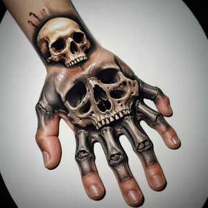 perfectly realistic photos,((Palm)),open palm,5 finger,Pushead Style art, a picture of a Skull drawn on a hand,Leg