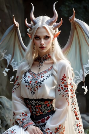  Succubus girl,Demon horn,(Demon Wings),
 adorned in exquisite Ukrainian traditional attire, captivates with her ethereal beauty. Her flowing embroidered blouse, adorned with intricate patterns and delicate lace, perfectly complements her voluminous embroidered skirt, which sways gracefully with every movement. A vibrant floral wreath adorns her flowing platinum hair, adding a touch of natural eleg,DonM1i1McQu1r3XL,DonMP4ste11F41ryT4l3XL,ct-niji2