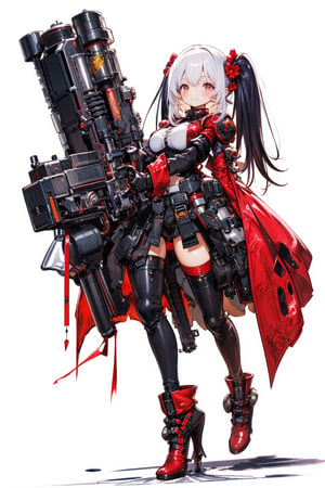 1girl,Anime-style illustration of a fierce young woman wielding an enormous gatling gun. Character: dual-colored hair (long white and black twintails), red flower accessories. Outfit: black and red dress with Chinese-inspired details, thigh-high boots. Expression: determined, slightly cocky smile. Pose: dynamic, holding massive weapon, body turned slightly,
Gatling gun: oversized, futuristic design. Black metal body with red accents and glowing parts. Multiple rotating barrels, complex mechanical details. Gun larger than the character herself.
Color scheme: primarily black and red with white accents. Style: highly detailed anime art, clean lines, emphasis on mechanical designs. Background: plain white, focus entirely on character and weapon.
Additional details: red ribbon-like elements flowing from dress and gun, intricate patterns on clothing and weapon, slight metallic sheen on gun parts. Overall impression: powerful, stylish fusion of traditional Asian aesthetics with futuristic weaponry.,Anime Style,fantasy girl