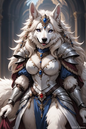 Extreme detailed,HENTAI anime style,
very long White hair beautiful borzoi aristocratic woman,(very long muzzle:1.2),((Fur skin)),long eyelashes,wears many ornaments,elegance and beautiful  borzoi Dog,
Wearing luxury Maximilian Armor,large Breast,
l ,aw0k euphoric styleMagical Fantasy style,Qftan,knight,anthro,dal