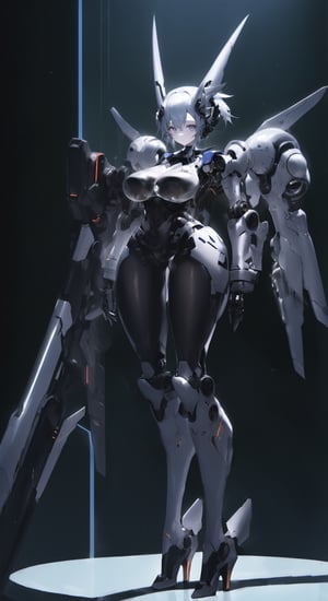 Valkyrie robot Girl, cute girl Face,(long intricate horns:1.2),Giant weapon arms, revealing the intricate machinery inside, giant robotic weapon, smooth and angular design despite transparent parts, pulsating energy and intricate circuitry visible through transparent body parts,very long high heels,Elegant curvaceous beauty,robot, mechanical arms,Glass Elements,Clear Glass Skin,hubg_mecha_girl,skinbodysuit,Blue Backlight,cyborg,bodysuit,breast bags,Energy light particle mecha,valkyrie
