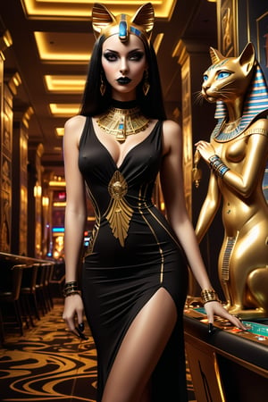 1girl,Sexy  woman, in Bastet-inspired dress at Egypt-themed casino. Form-fitting black dress with gold cat motifs, high slit. Cat-eye makeup, gold jewelry. Luxurious casino interior with Egyptian decor, sphinx statues, hieroglyphs. Vibrant colors, emphasis on gold and black. Dramatic lighting, photorealistic style with fantasy touch.,Gothic,goth girl