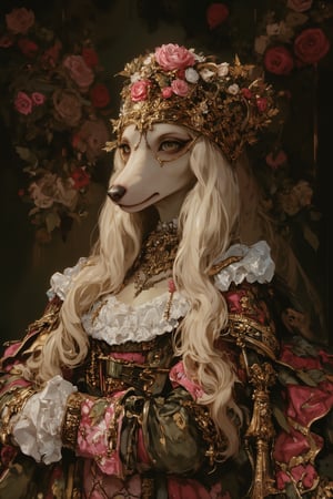 (stately Borzoi dog), long hair,Gothic Renaissance-style outfit, against an ornate floral background, cream-colored fur with golden highlights. Almond-shaped eyes, gentle expression. A golden mask covers the right eye and fits over the long snout. An ornate crown adorned with pearls and jewels. A pink rose centerpiece on top of the head, A white ruffled Elizabethan collar accentuates the neck, a pearl necklace and a golden pendant, A pink and green Renaissance-style gown with lace and gold embroidery, against a dark floral background in green and pink hues. Soft lighting highlights the dog's features and jewelry, creating a luxurious and whimsical mood that blends Borzoi dog elegance with historical fashion,The dog's unique long snout are highlighted as the focal point, covered in fur.,furry