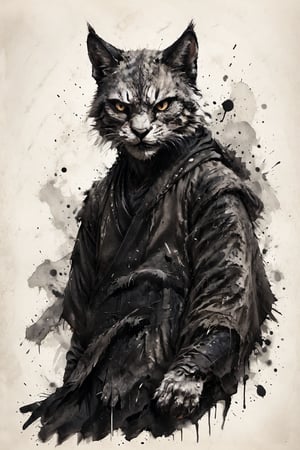 Elder Khajiit rendered in sumi-e style, fierce eyes, glaring intensely at viewer, face partially wrapped in tattered cloth, Bold, expressive brush strokes capturing fur texture and facial features. Dripping ink creating sense of gritty atmosphere. Minimalist background with ink splatters. Blend of traditional Japanese ink painting and dark urban aesthetic. Powerful contrast between black ink and white paper. Emanating aura of strength and defiance,ink