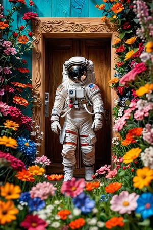 Imagine a beautiful flower field, with vibrant blooms stretching as far as the eye can see,Person on the other side of the door, Astronaut,
Nestled among the flowers is an unexpected sight a wooden door, clearly made of lightweight material like cardboard or balsa wood, standing upright amidst the blossoms. Despite its humble construction, the door is adorned with intricate carvings and painted with vivid colors, adding to its whimsical charm,astronaut_flowers