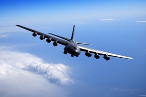 Boeing B-52 Stratofortress flying, realistic, aircraft, military vehicle, plane, vehicle focus, jet, fighter, in sky,photo_b00ster,EpicSky
