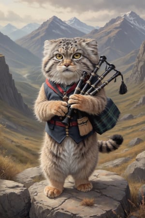 "Visualize a Pallas's cat confidently playing the bagpipes with surprising skill, its fluffy fur swaying in the breeze as it expertly manipulates the instrument. Despite its small stature, the cat produces a haunting melody that captivates all who hear it. Set against a backdrop of rugged mountains or rolling hills, the scene becomes a magical symphony,  bagpipes,
 pallas‘s cat