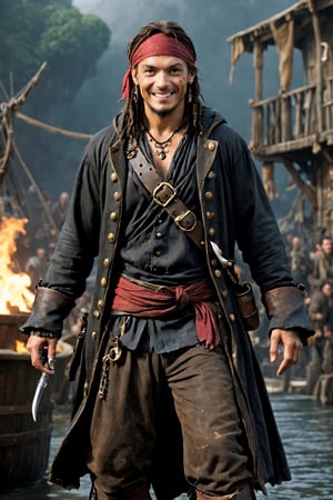 Ultra realistic,ugly male pirate,Petite pirate,Mean smile,
black eyeliner, dirty coat,(scrawny:1.2),(bandana hood:1.2),baggy trousers,gun belt, knee-length boots,Leonardo, Movie Still