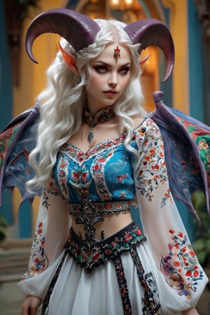  Succubus girl,Demon horn,(Demon Wings),
 adorned in exquisite Ukrainian traditional attire, captivates with her ethereal beauty. Her flowing embroidered blouse, adorned with intricate patterns and delicate lace, perfectly complements her voluminous embroidered skirt, which sways gracefully with every movement. A vibrant floral wreath adorns her flowing platinum hair, adding a touch of natural eleg,DonM1i1McQu1r3XL,DonMP4ste11F41ryT4l3XL,ct-niji2