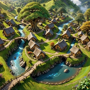 Holographic,Magical Map, (3D) bird's eye view,
Village of the Shire,Hobbit Village,From above, Hobbit houses carved into the slopes of rolling hills, colorful round doors and lush gardens. Winding paths crisscross the village, and rustic bridges crossing streams connect the Hobbit dwellings. A magnificent party tree stands at the center of the village, its branches spread wide to provide shade for festive gatherings. The map appears to float off the paper and rests on the wizard's desk. Magic multicolor ink, high quality, imagination, 8K, fantasy art, vibrant magical colors, style painting magic.